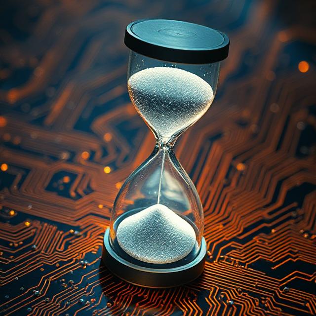 “Glowing hourglass blending into circuitry over a faded historical timeline.”