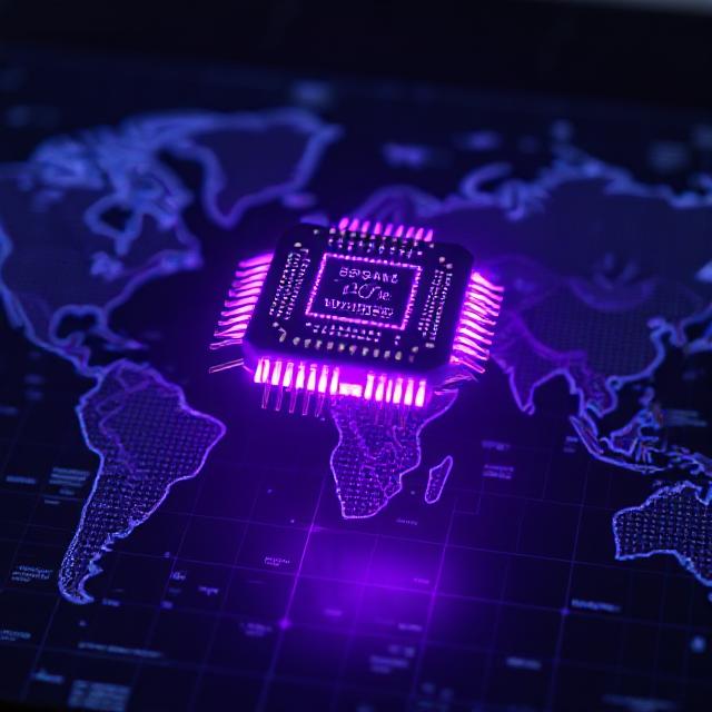 “Violet-lit microchip over a digital world map.”